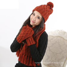 Factory supply woolen yarn Warm Thick Cable Knitted Hat Scarf & Gloves Winter Set